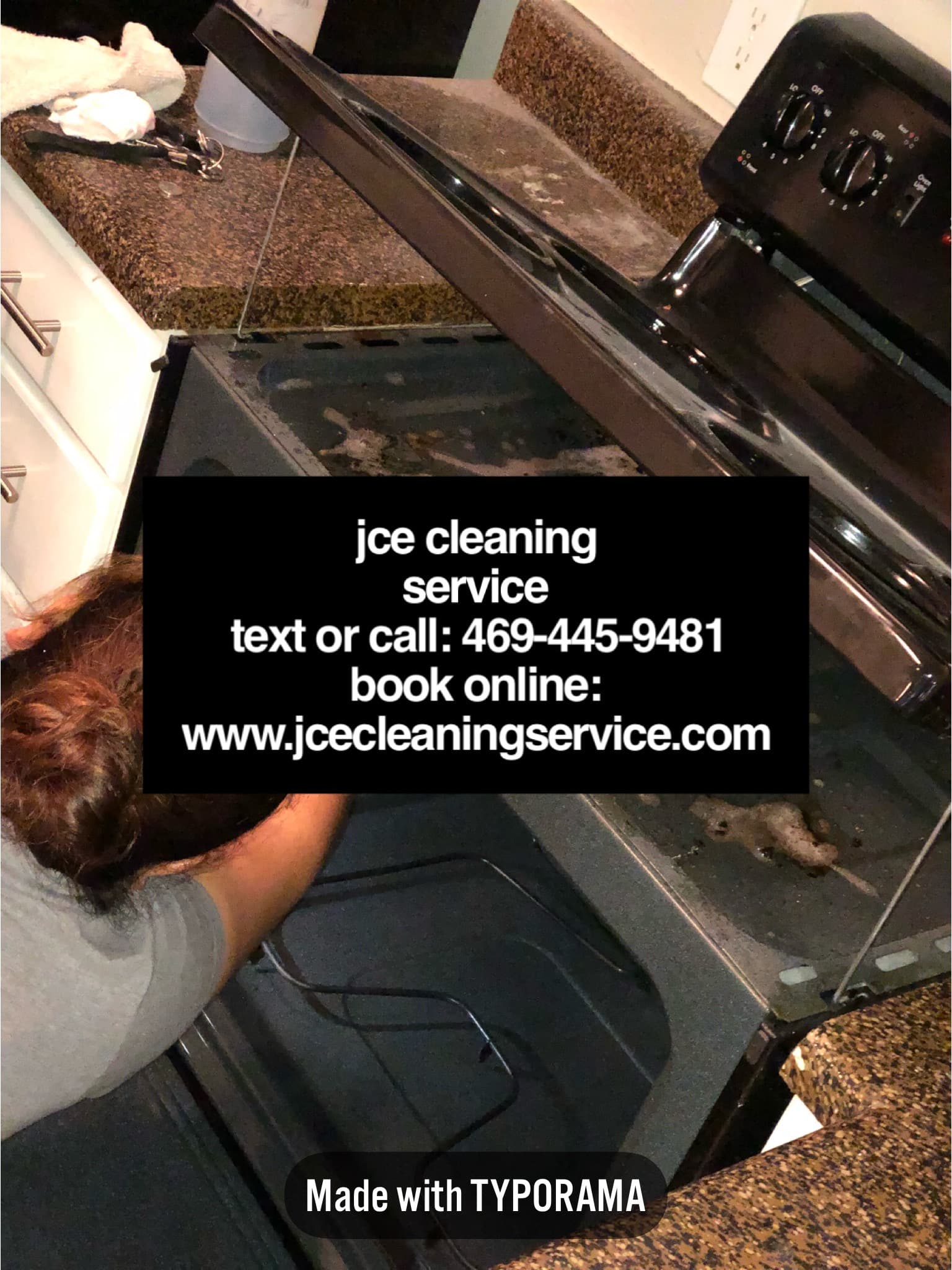 Person scrubbing a dirty oven with jce cleaning service contact information and website details.