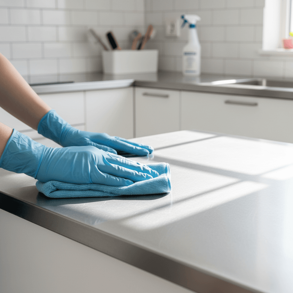 Professional cleaner wiping a kitchen counter in a bright modern home