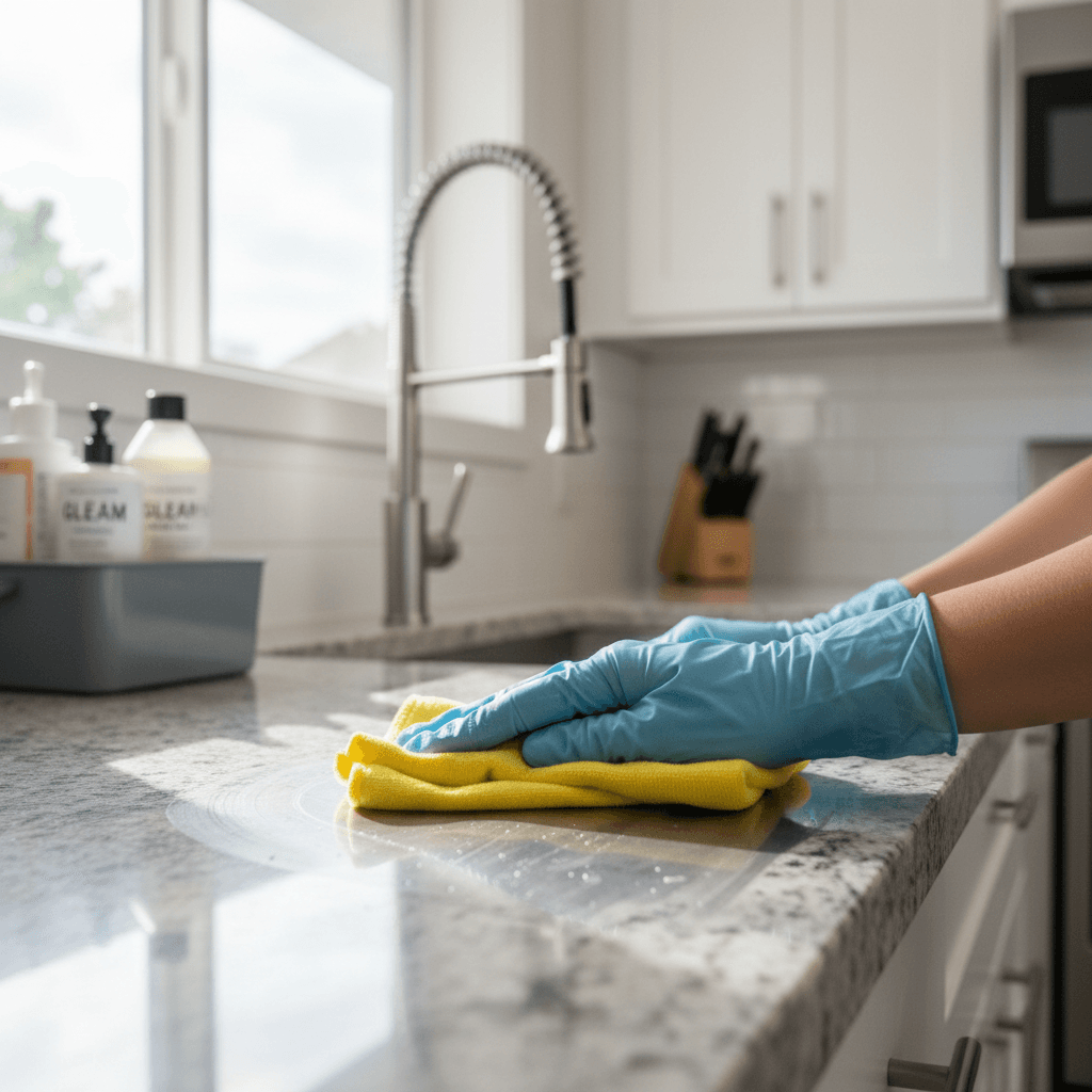Professional cleaner wiping a kitchen counter in a bright modern home