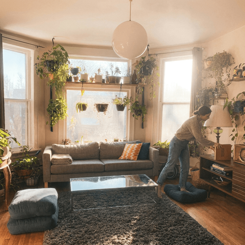 Bright and clean living room with neatly arranged furniture and sunlight coming through the windows